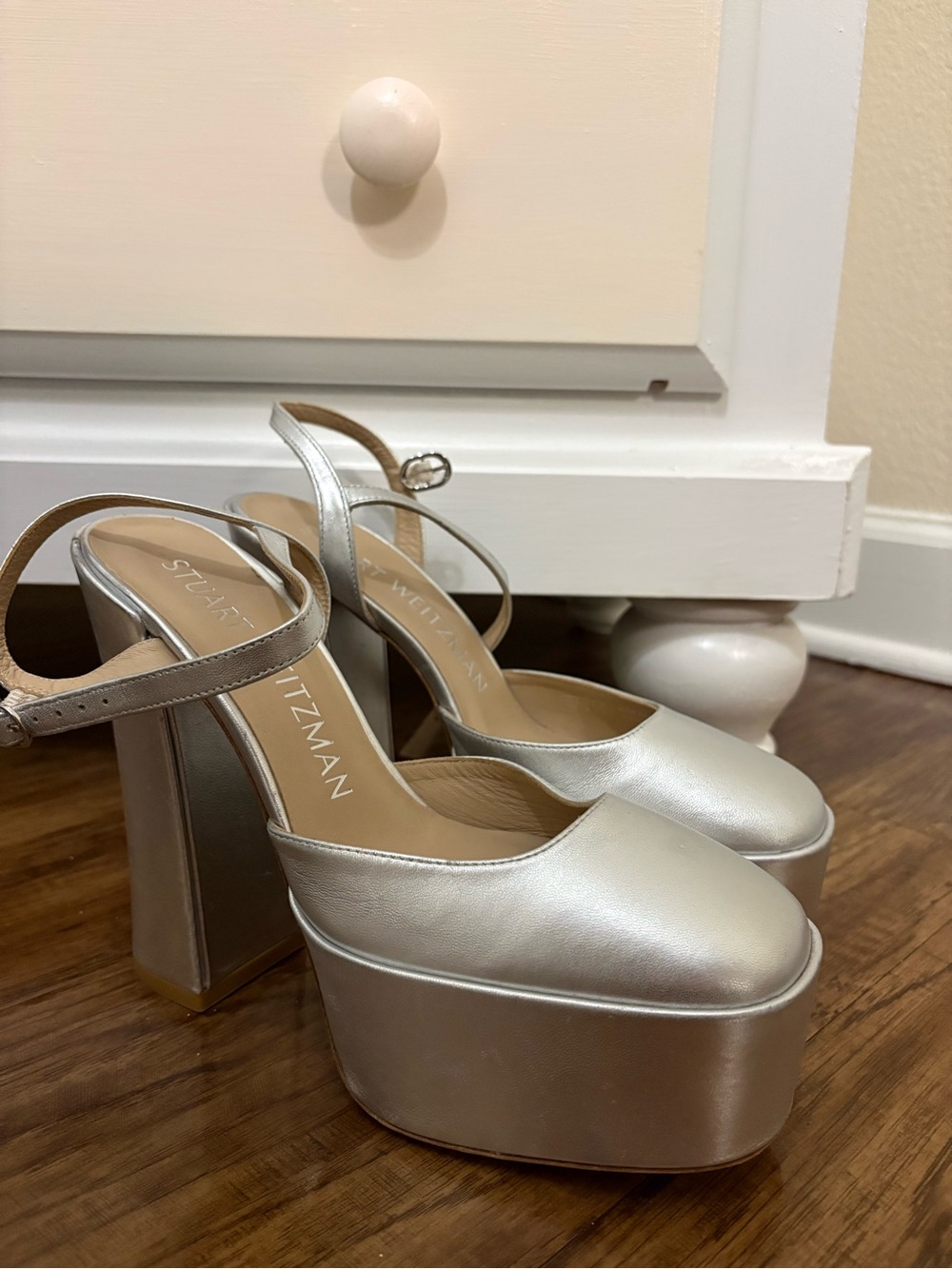 Stuart Weitzman Silver Metallic Platform Slingback Heels